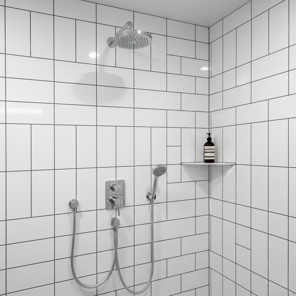 Mur de douche italienne avec faïence blanche brillante et joint noir contrastant