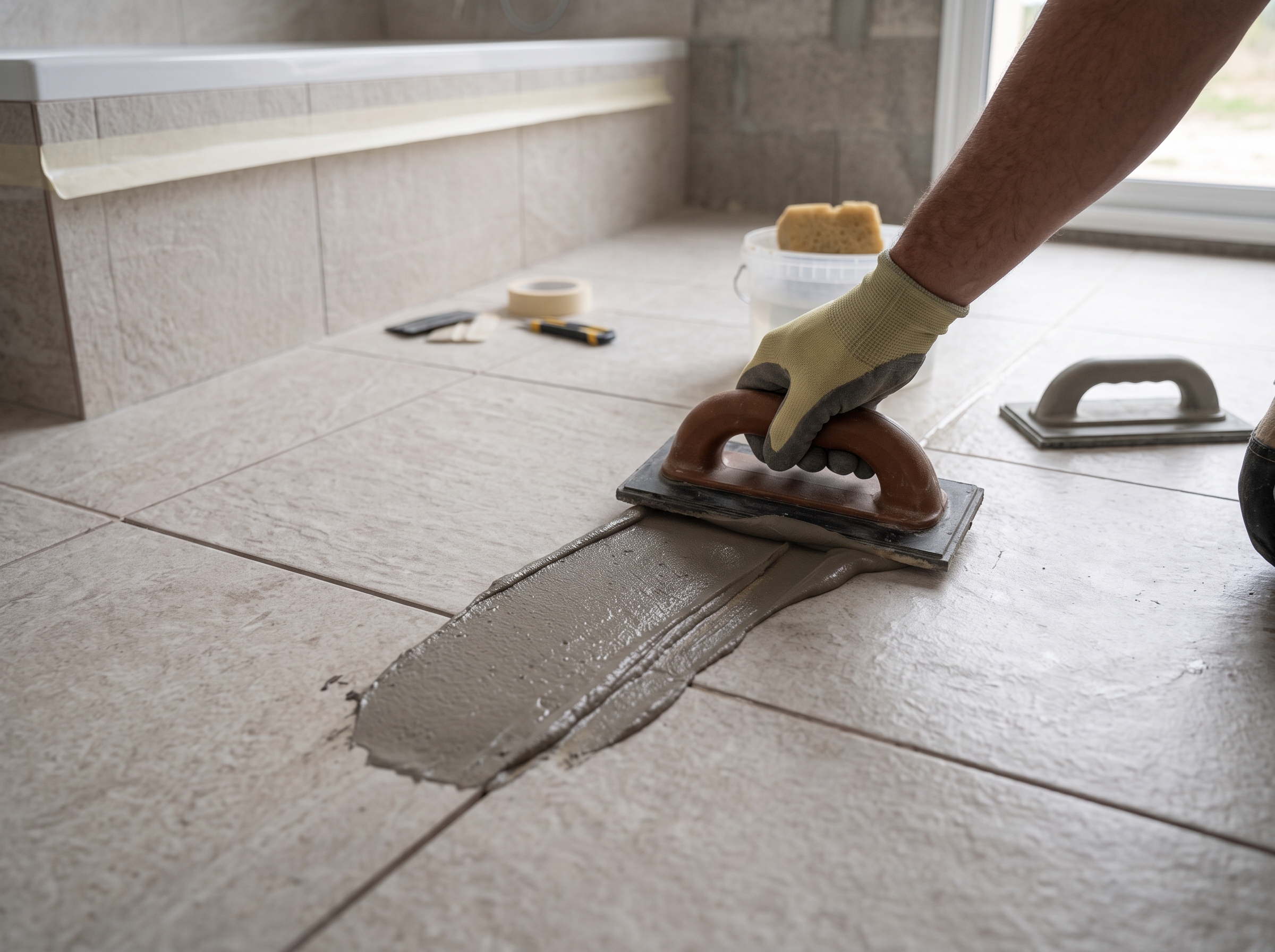 Faire joints carrelage mortier jointoiement raclette caoutchouc passes diagonales éponge