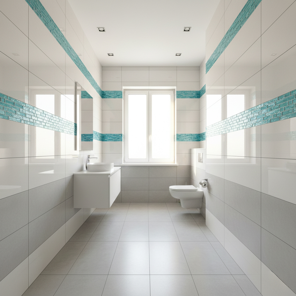Salle de bain moderne avec frise carrelage horizontale élégante
