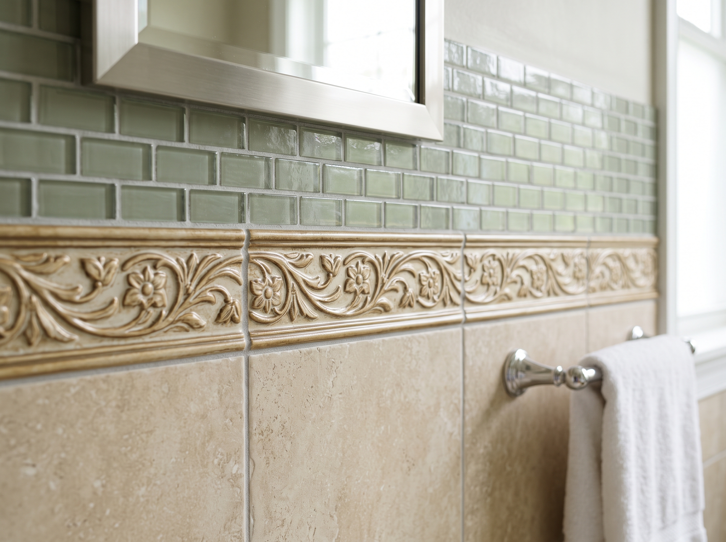 Frise décorative salle de bain horizontale verticale carrelage mural encadrement miroir design