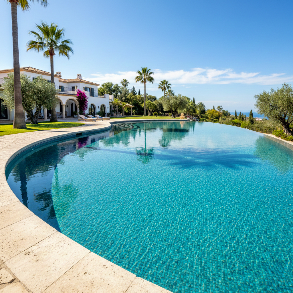 Piscine moderne avec carrelage en mosaïque turquoise et margelles en pierre naturelle