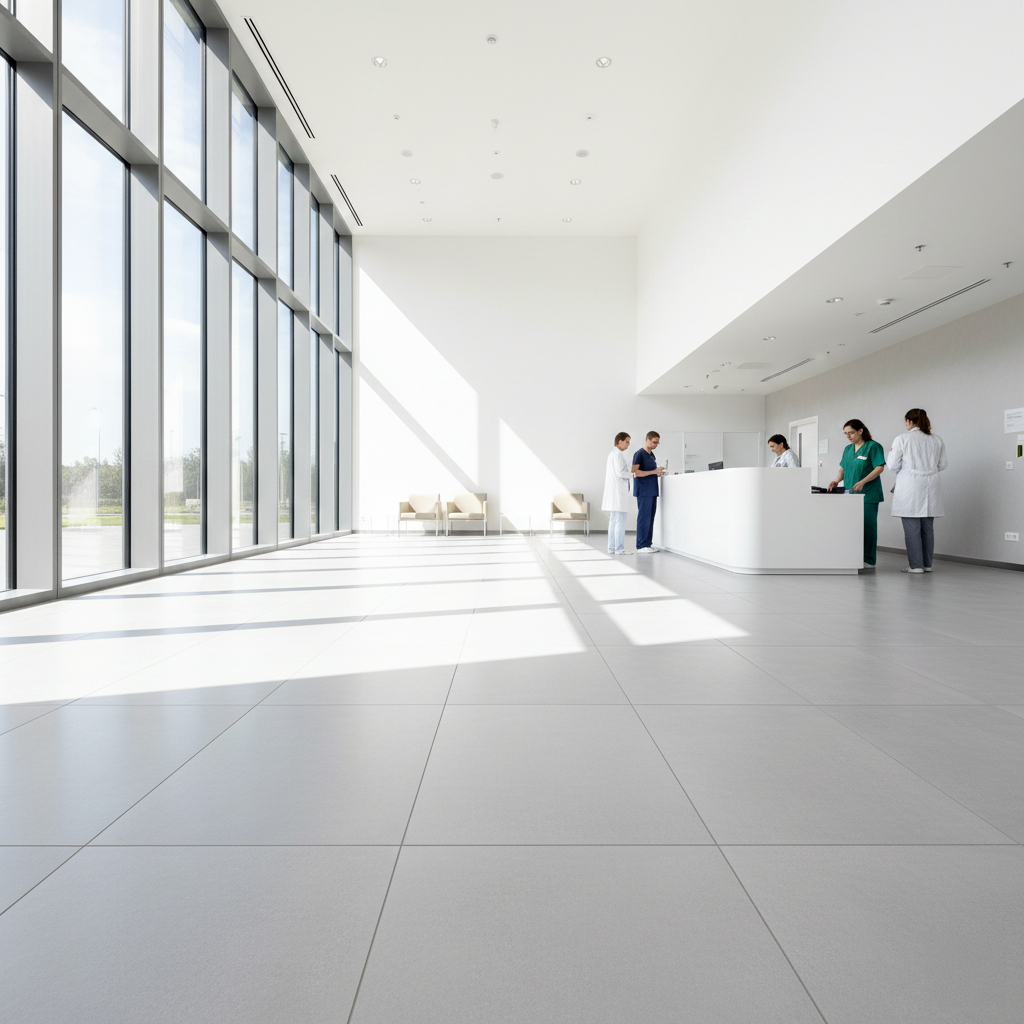 Hôpital moderne avec carrelage conforme normes sanitaires
