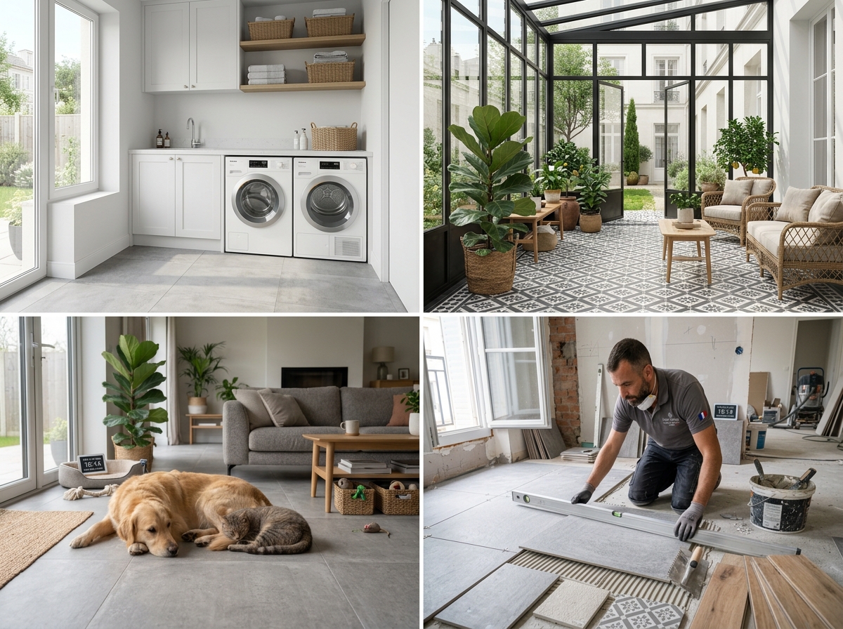 Quel carrelage pour chaque pièce de la maison Carrelage adapté pièces maison buanderie véranda haussmannien animaux plinthes