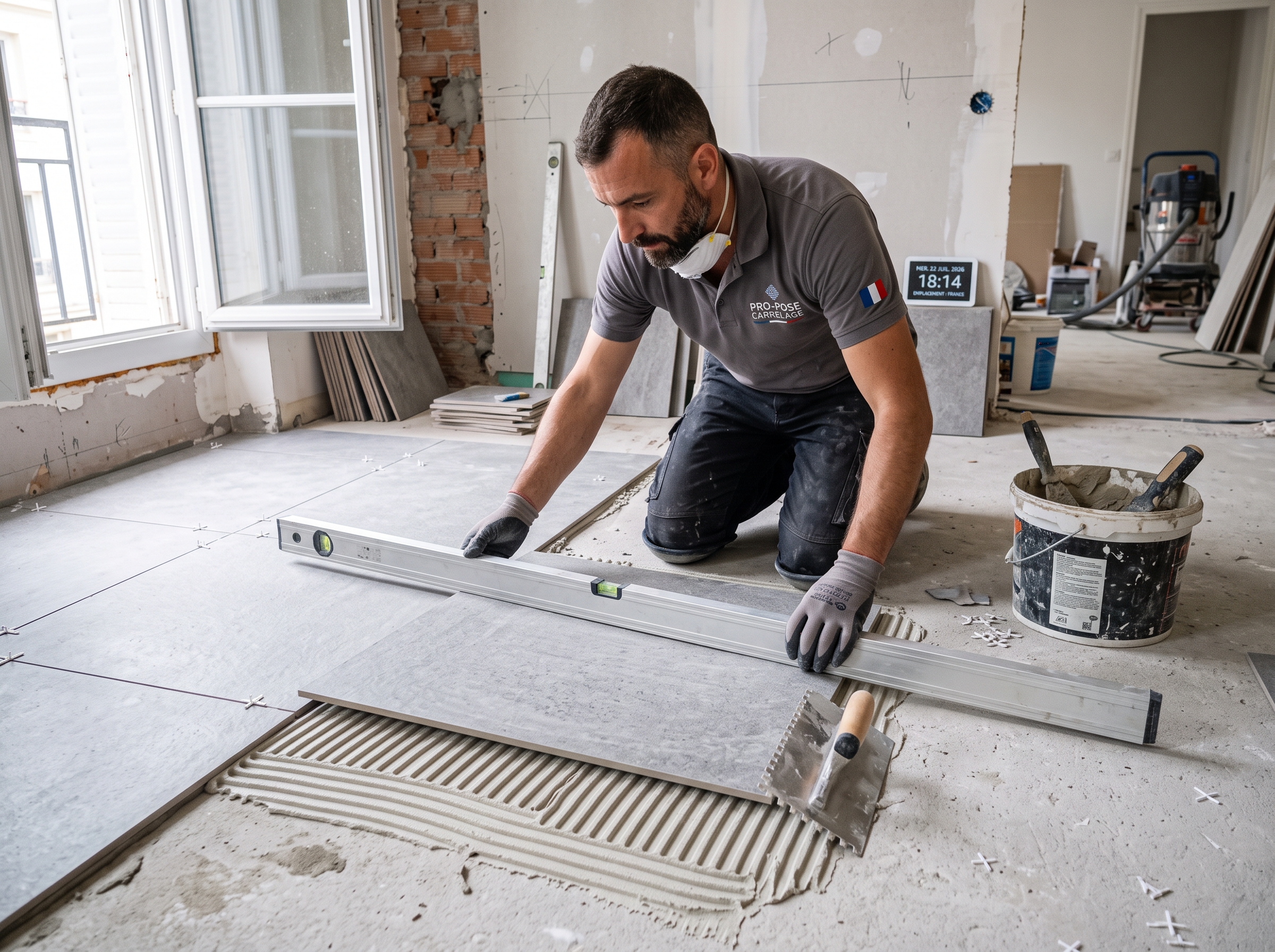 Pose et technique du carrelage intérieur Pose technique carrelage intérieur chantier peigne à colle niveau primaire rénovation