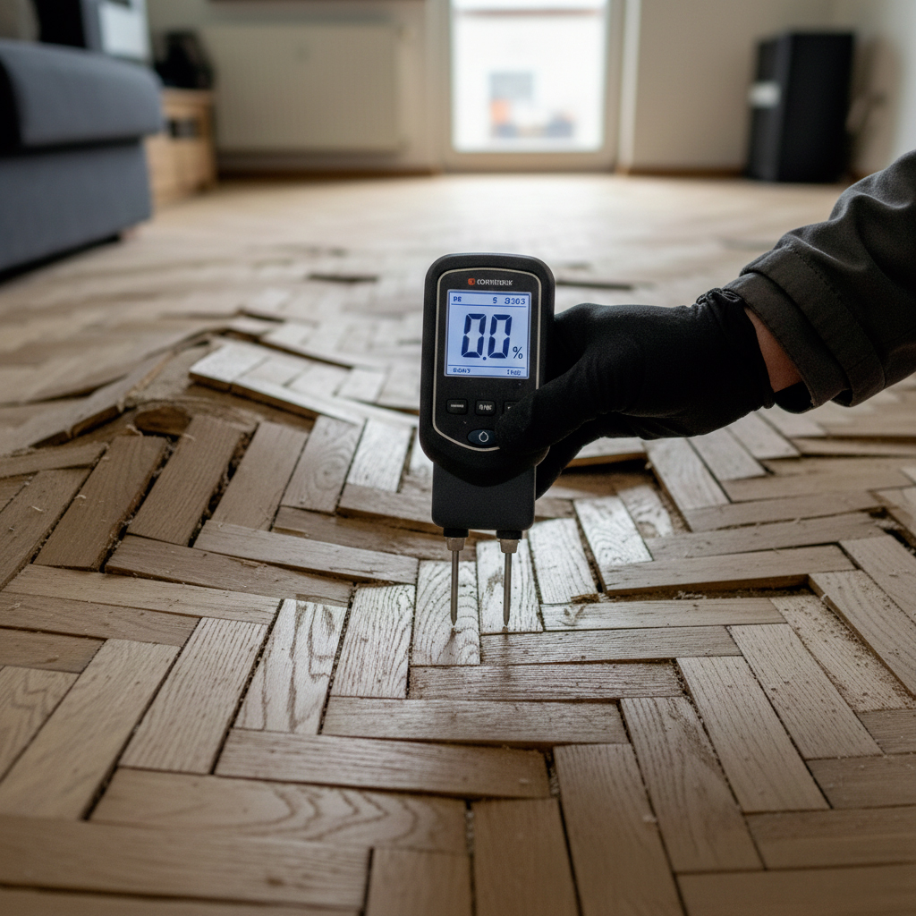Mesure du taux d'humidité avec hygromètre sur parquet déformé