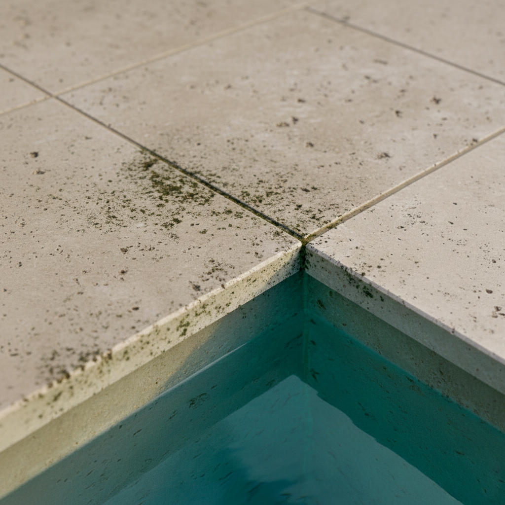 Piscine avec margelles montrant les défis d'entretien