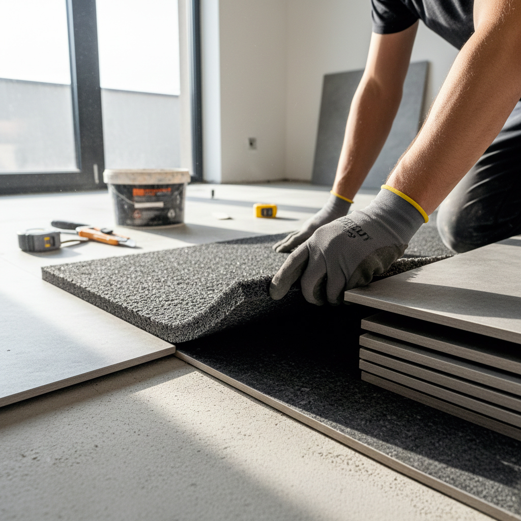 Installation d'isolation phonique sous carrelage en grès cérame