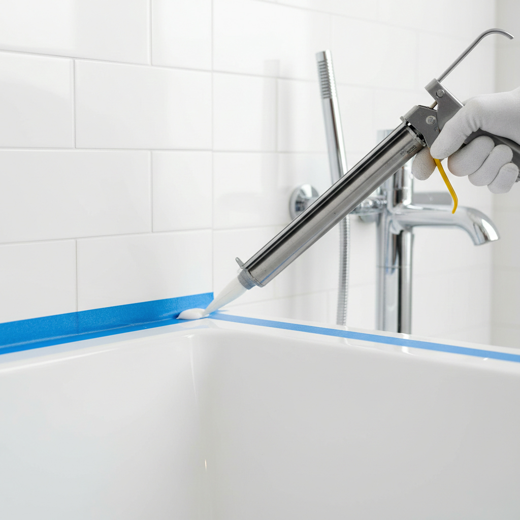 Application joint silicone sanitaire professionnel baignoire étanchéité salle de bain