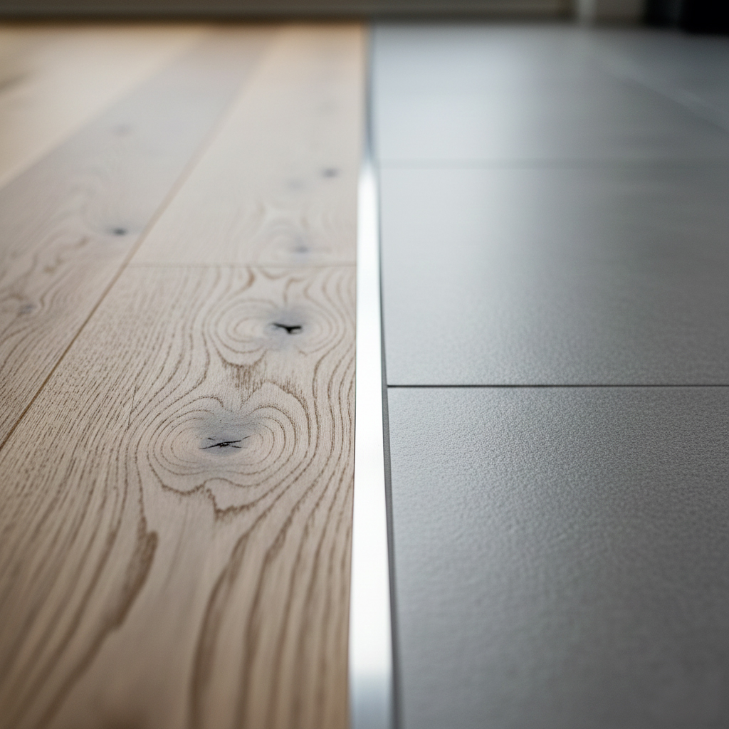 Détail de jonction professionnelle entre parquet et carrelage avec barre de seuil