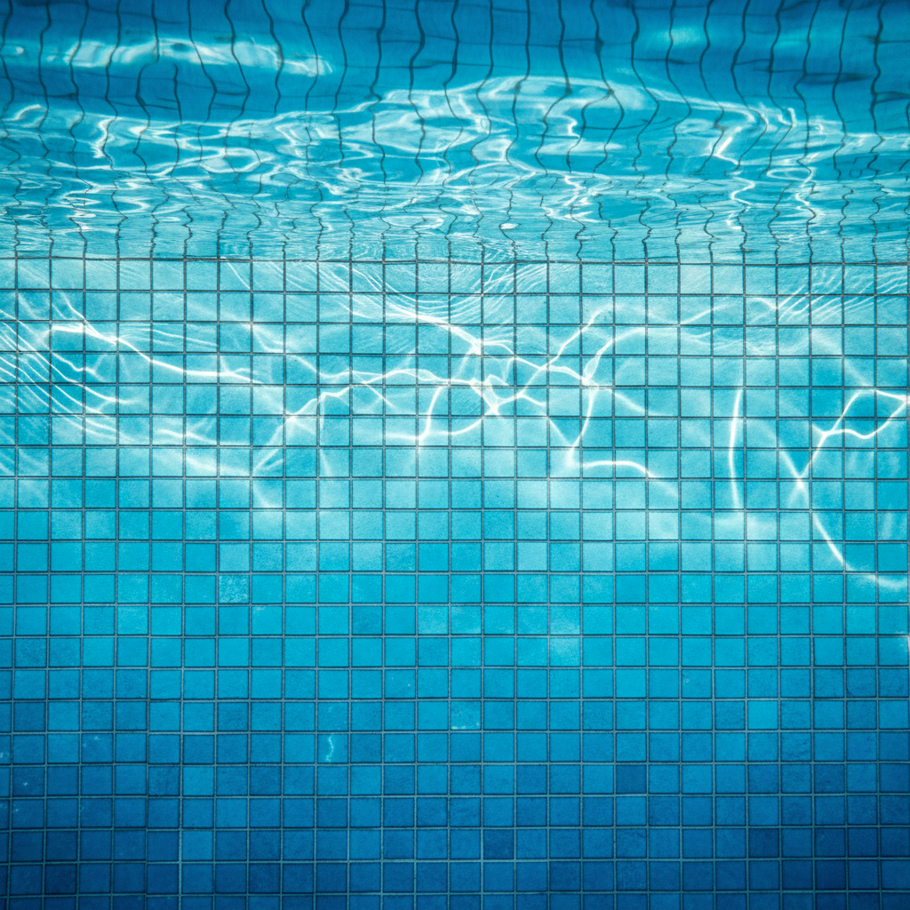 Détail mosaïque de piscine en grès cérame effet pierre naturelle avec reflets aqua