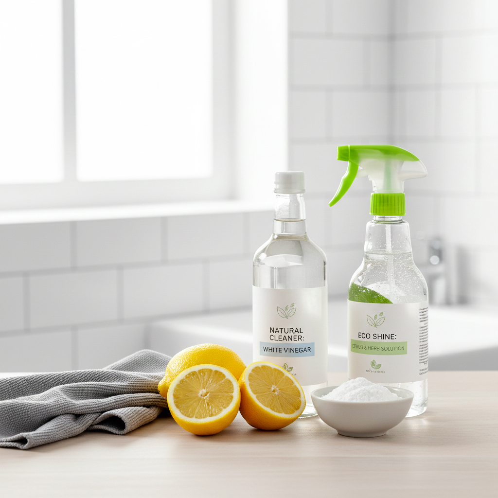 Nettoyage écologique d'une paroi de douche avec produits naturels citron et vinaigre