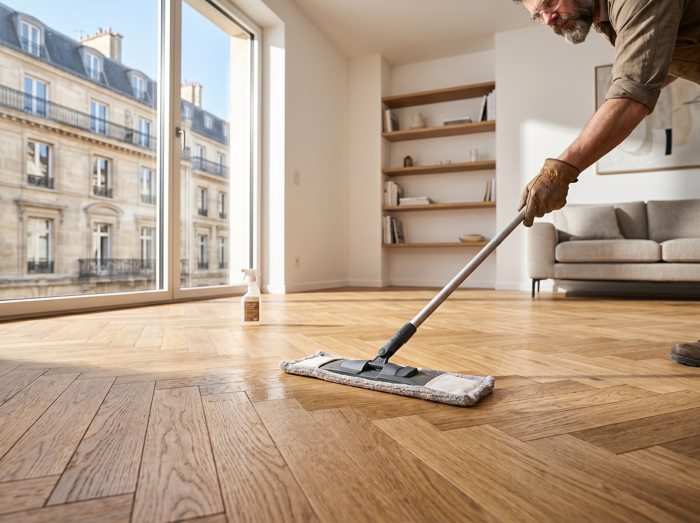 Nettoyage parquet flottant balai vapeur serpillière essorée produit entretien sol bois