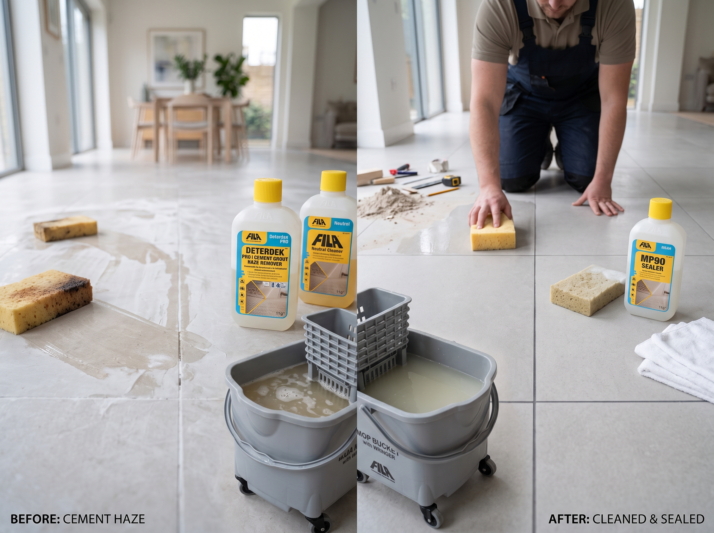 Nettoyer carrelage après chantier voile ciment laitance décapant fin de travaux