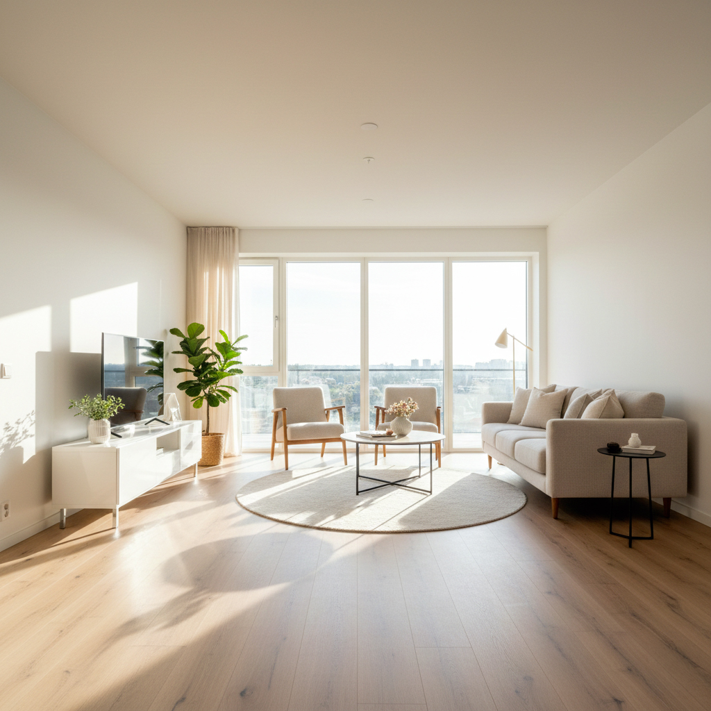 Nettoyage parquet flottant professionnel Salon moderne avec parquet flottant impeccablement entretenu et lumineux