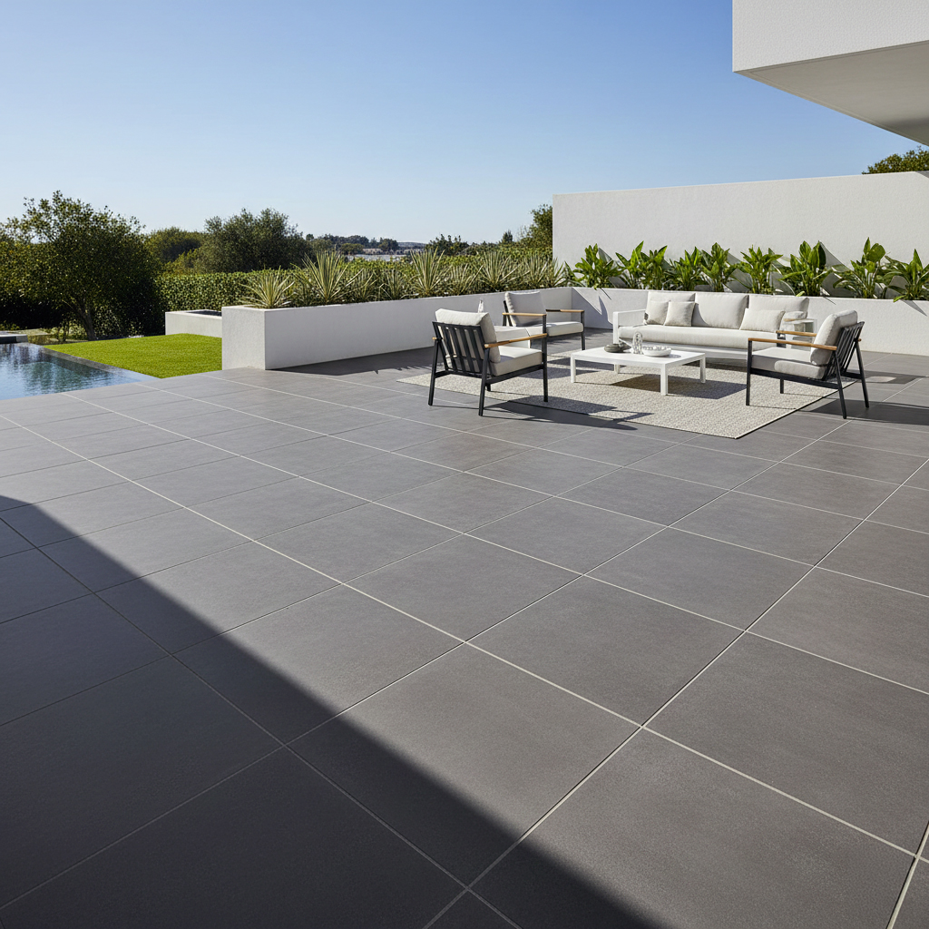 Terrasse extérieure moderne carrelage grès cérame pose professionnelle conforme normes