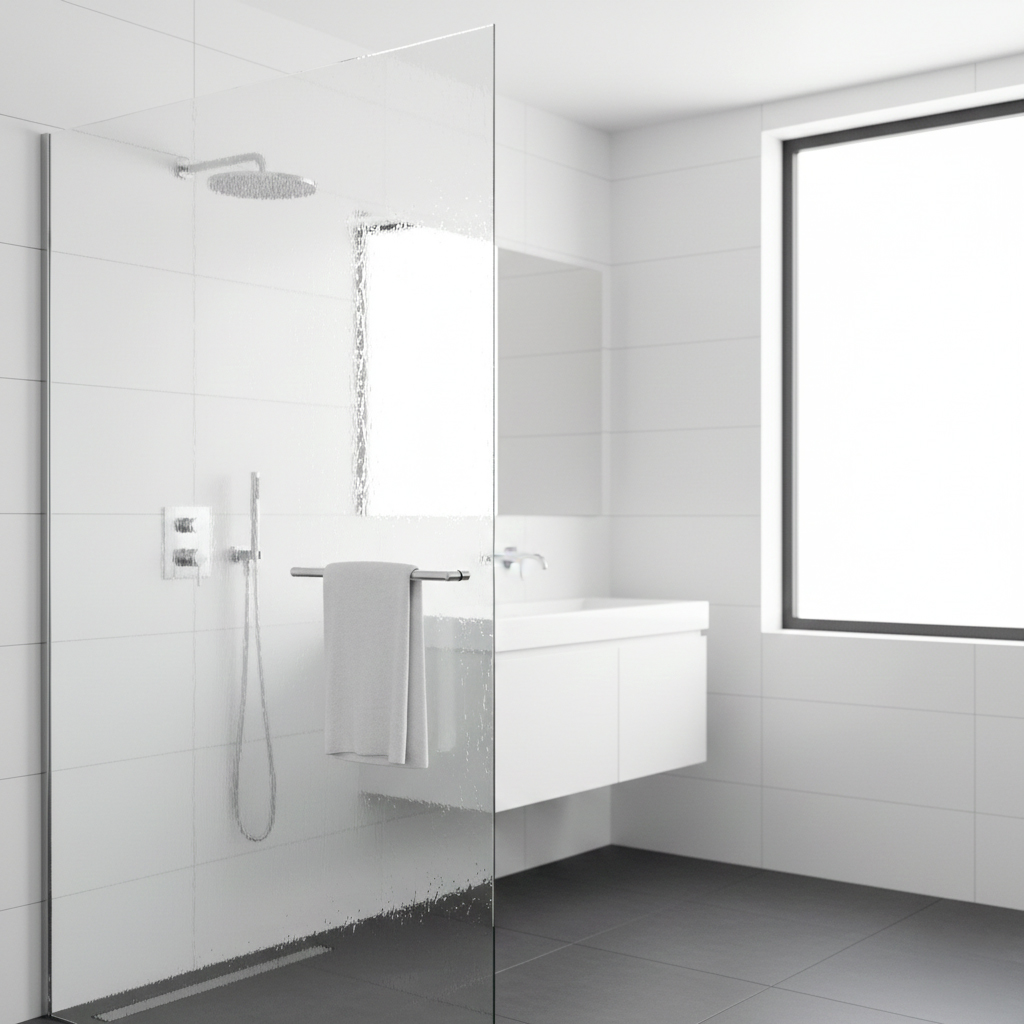 Paroi de douche en verre transparent parfaitement propre sans traces de calcaire