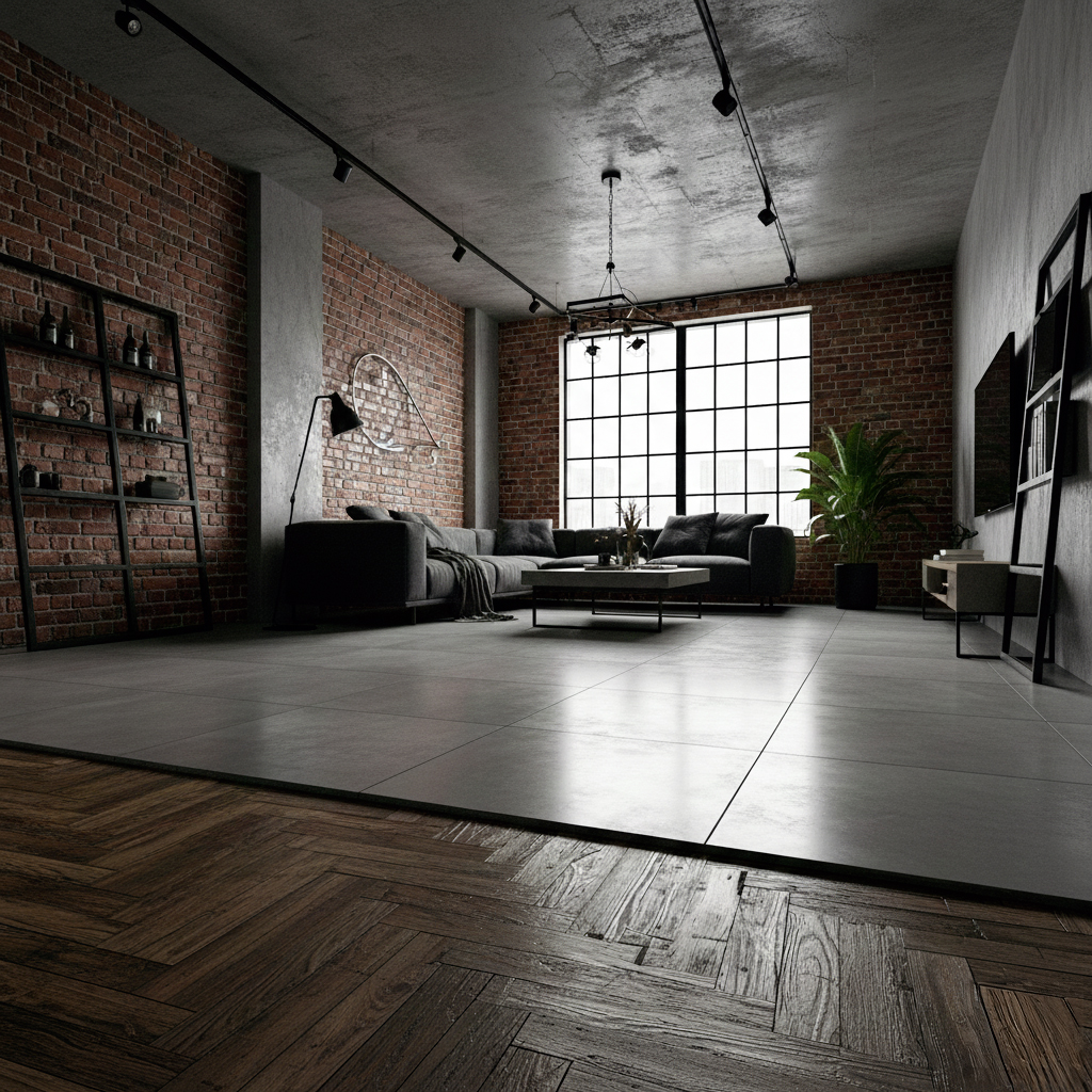 Loft industriel avec parquet ancien et carrelage effet béton ciré