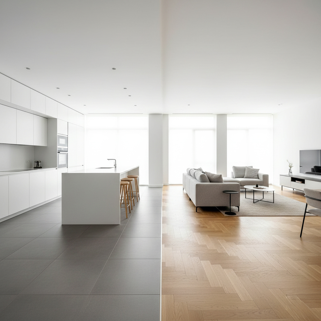 Cuisine ouverte avec carrelage graphique et parquet chêne naturel