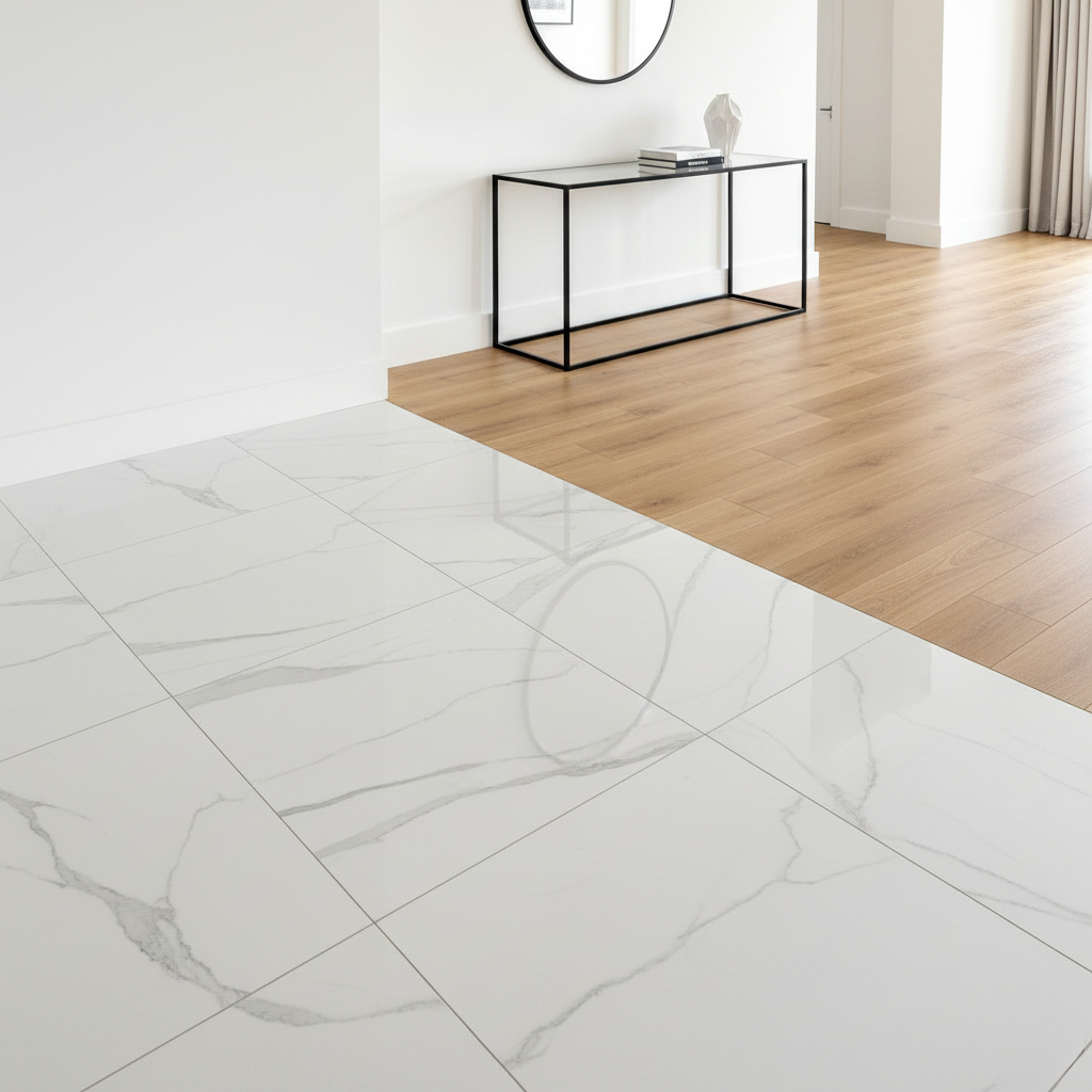 Entrée avec carrelage imitation marbre and parquet stratifié