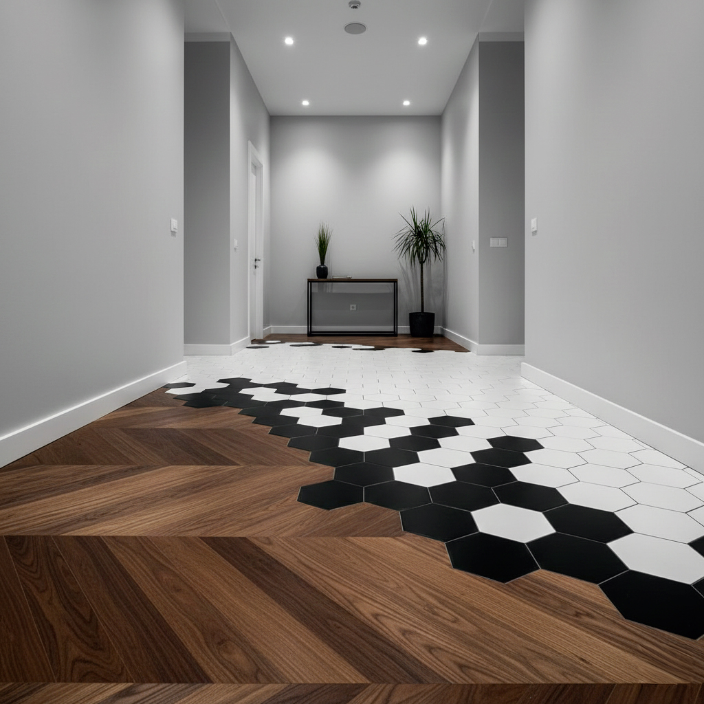 Association créative parquet massif et carrelage hexagonal graphique