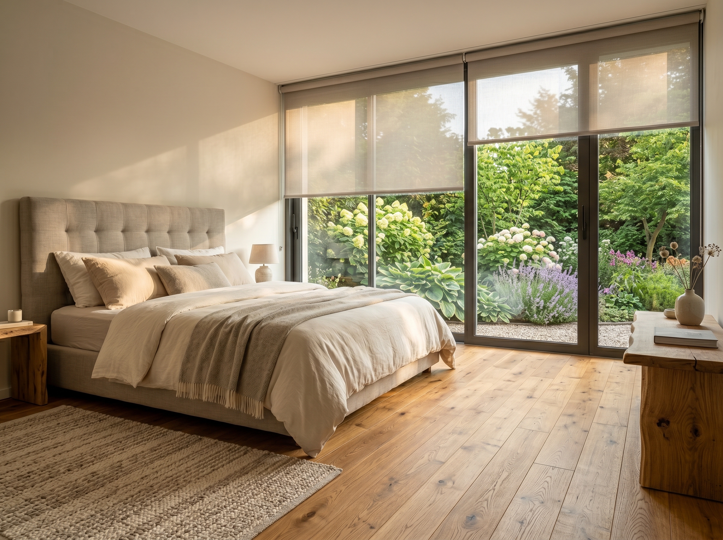 Parquet massif chêne chambre adulte cocooning atmosphère chaleureuse sol bois naturel