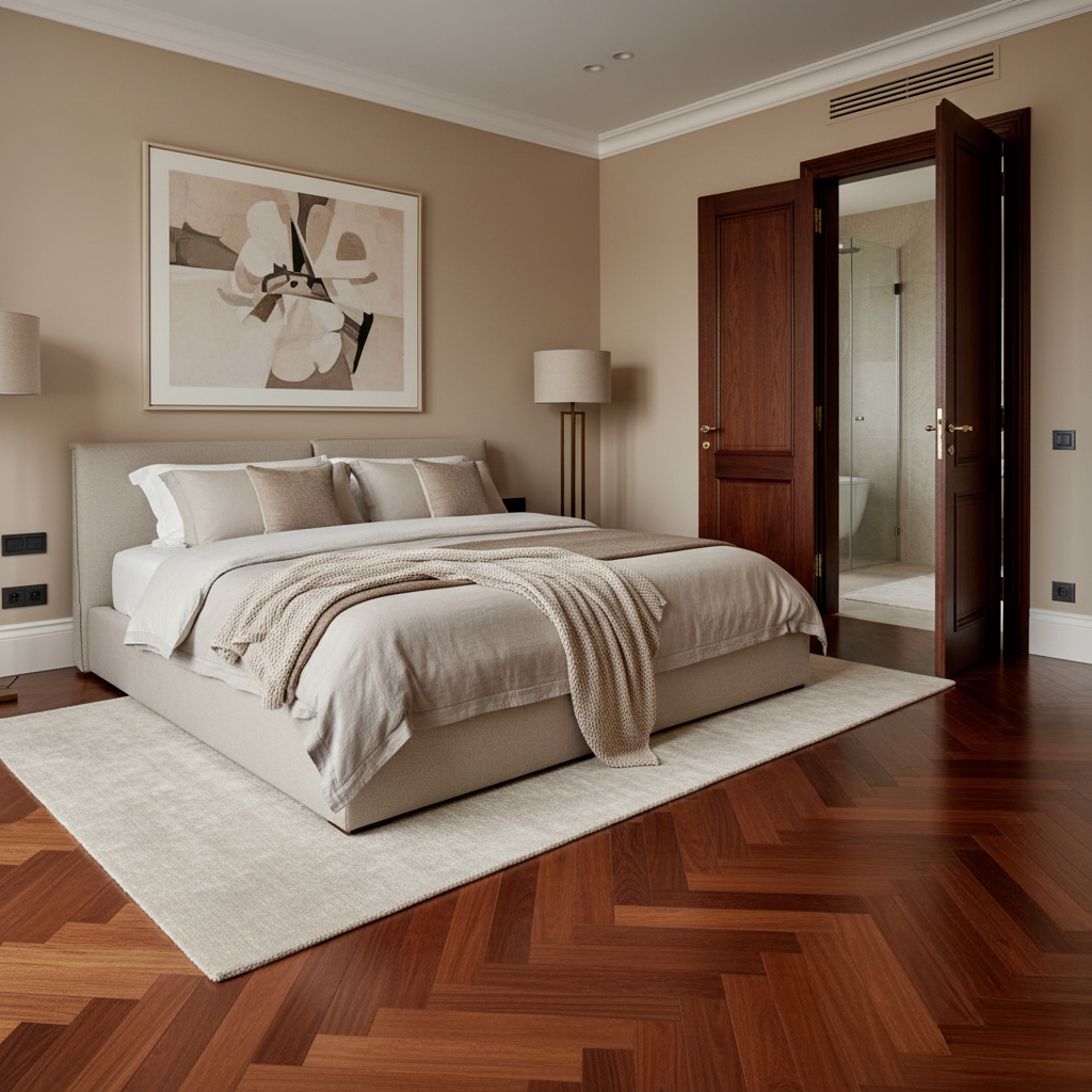 Parquet chambre parents adultes massif teck acacia élégant résistant humidité