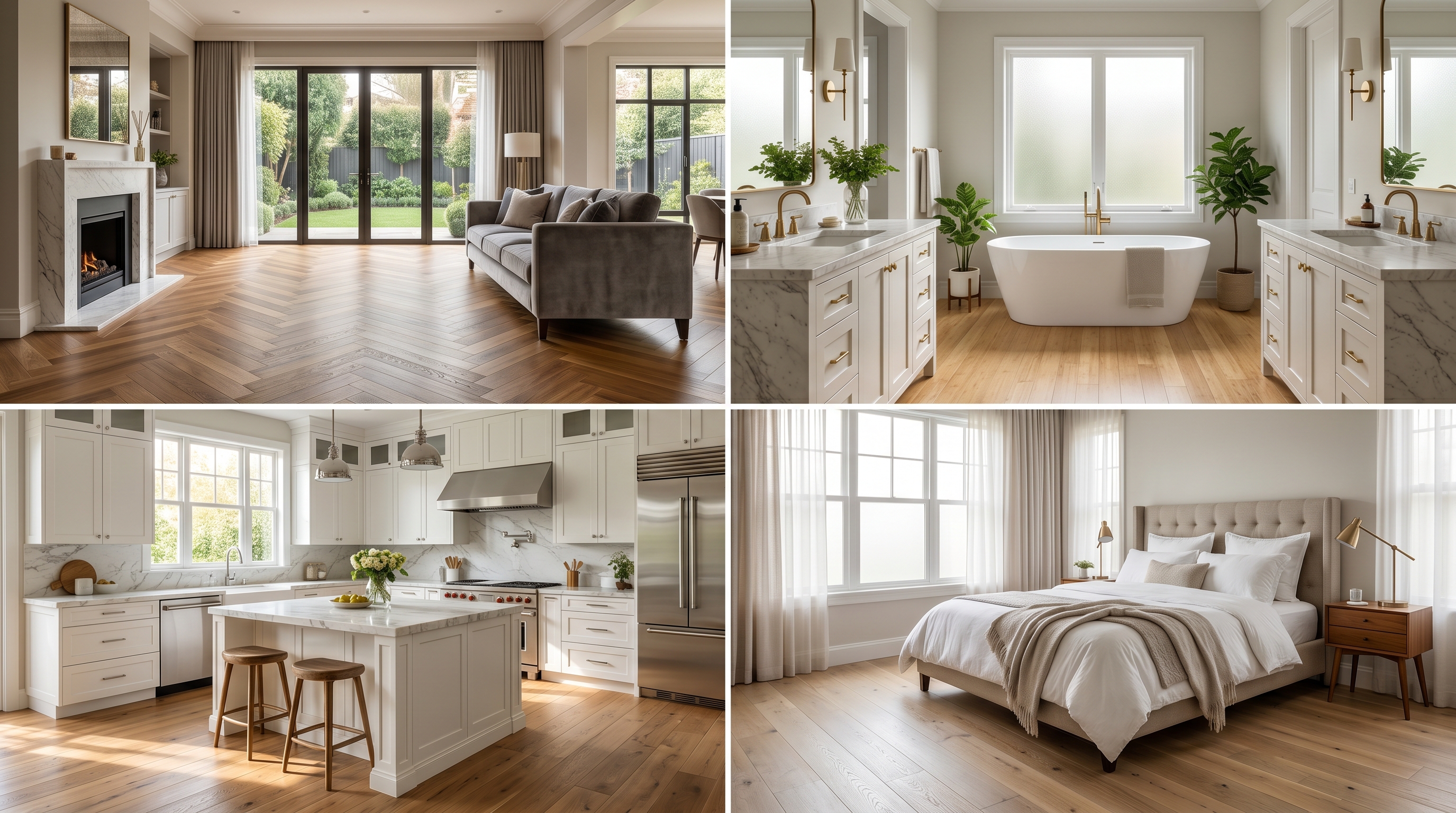 Différentes essences de parquet dans plusieurs pièces de la maison séjour chambre cuisine salon