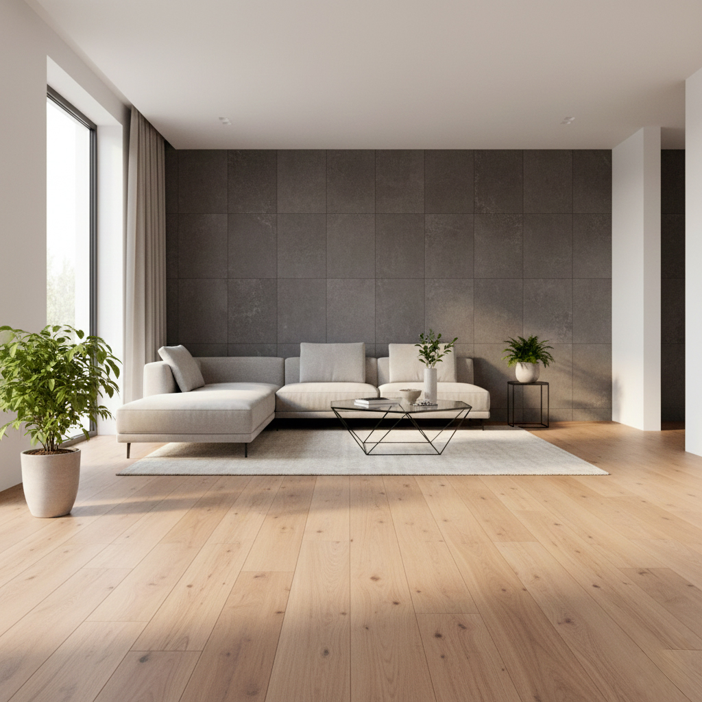 Parquet contrecollé semi-massif dans séjour design avec mobilier contemporain