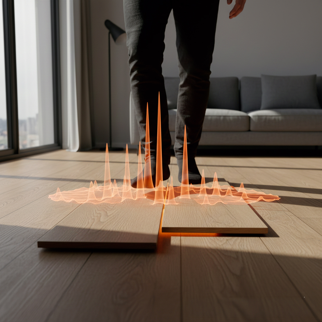 Parquet stratifié qui craque avec représentation visuelle des ondes sonores