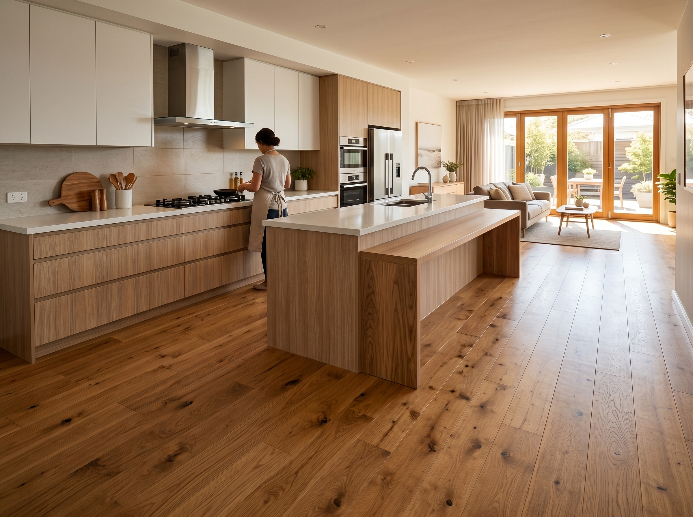 Parquet chêne huilé cuisine moderne résistant trafic graisses projections sol bois