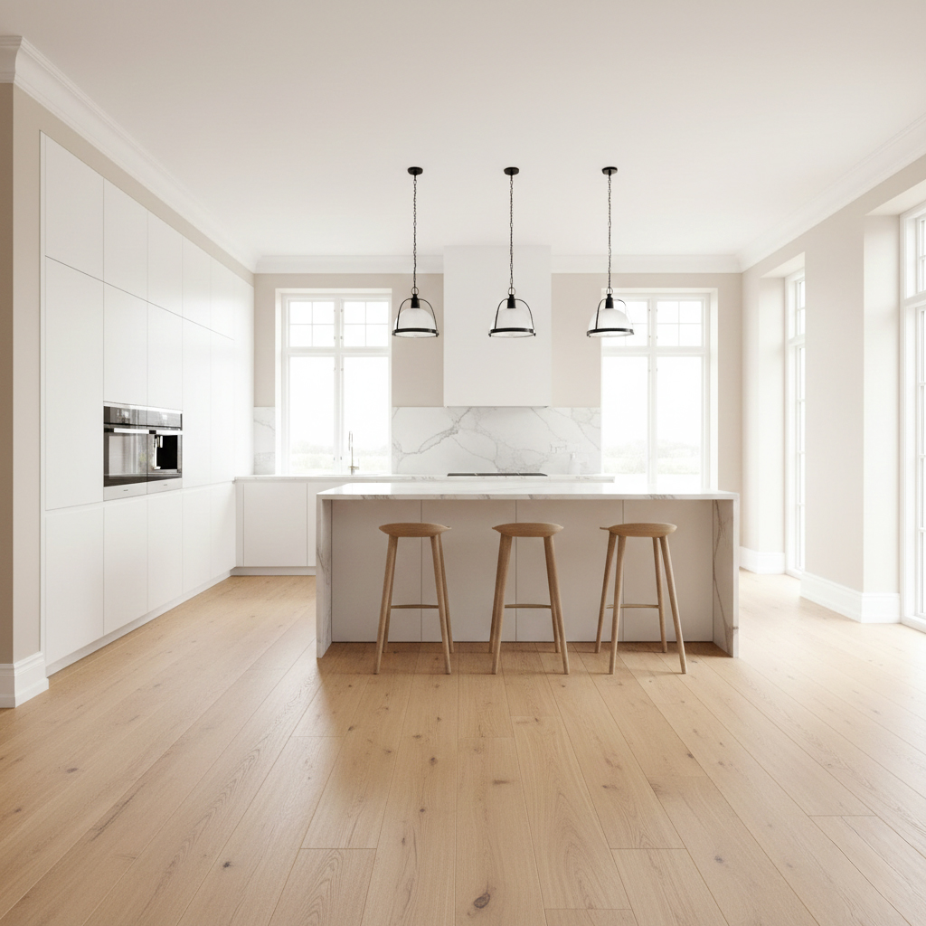 Cuisine moderne avec parquet stratifié résistant chaleureux