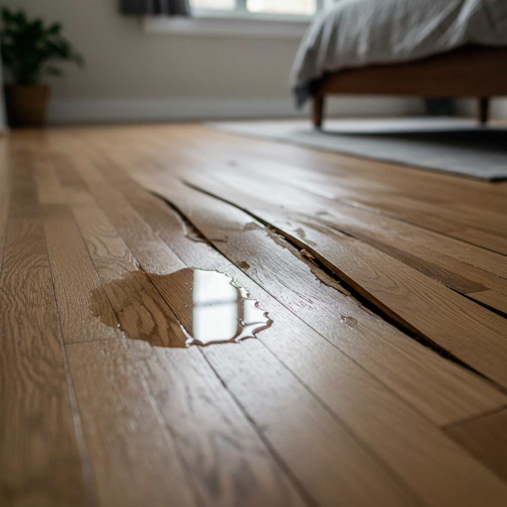 Parquet endommagé par infiltration d'eau nécessitant restauration