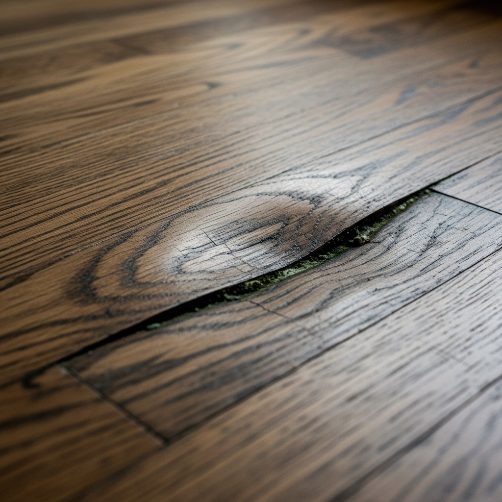 Parquet gonflé et déformé suite à infiltration d'eau
