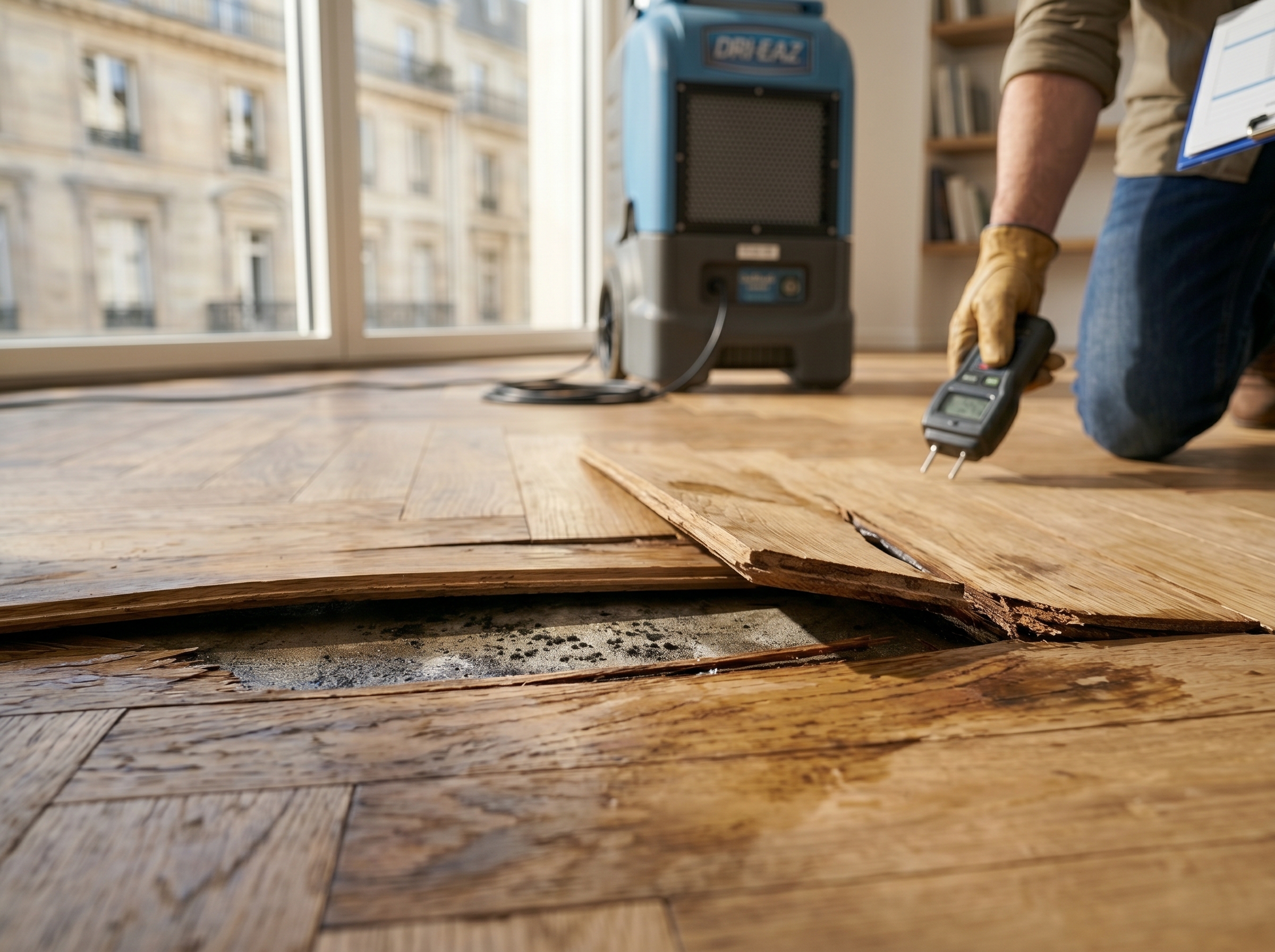 Parquet flottant gondolé lames soulevées déformation humidité remise en état sol bois