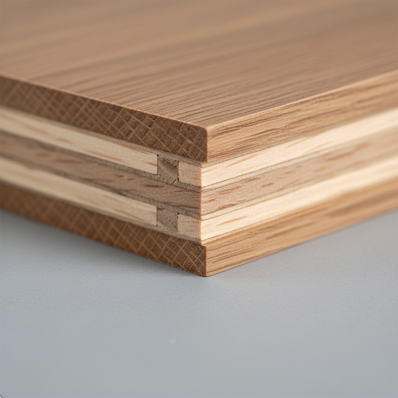 Zoom sur une lame de parquet montrant les couches pour identification