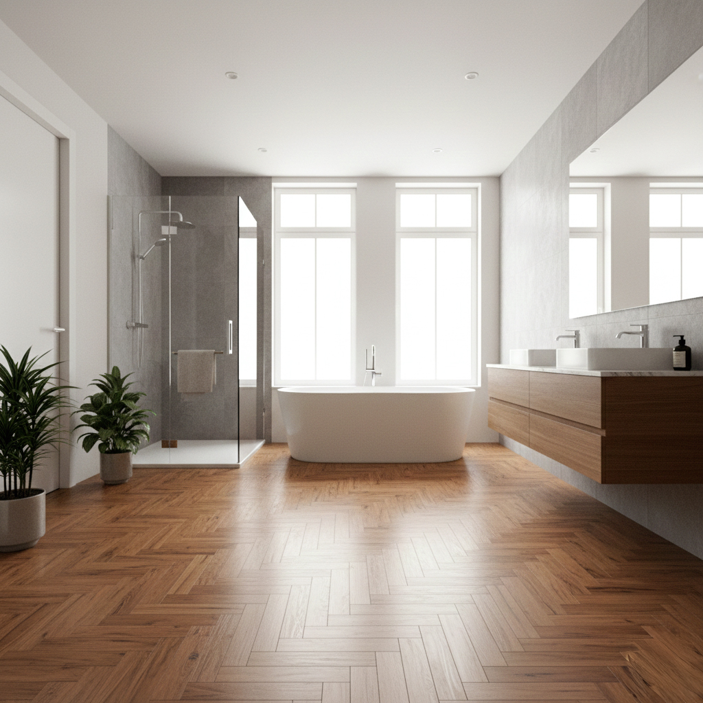Magnifique salle de bain moderne avec parquet résistant à l'humidité