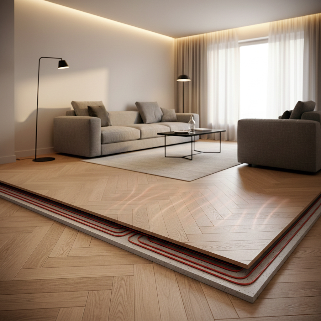 Intérieur moderne avec parquet bois sur plancher chauffant et ambiance cosy