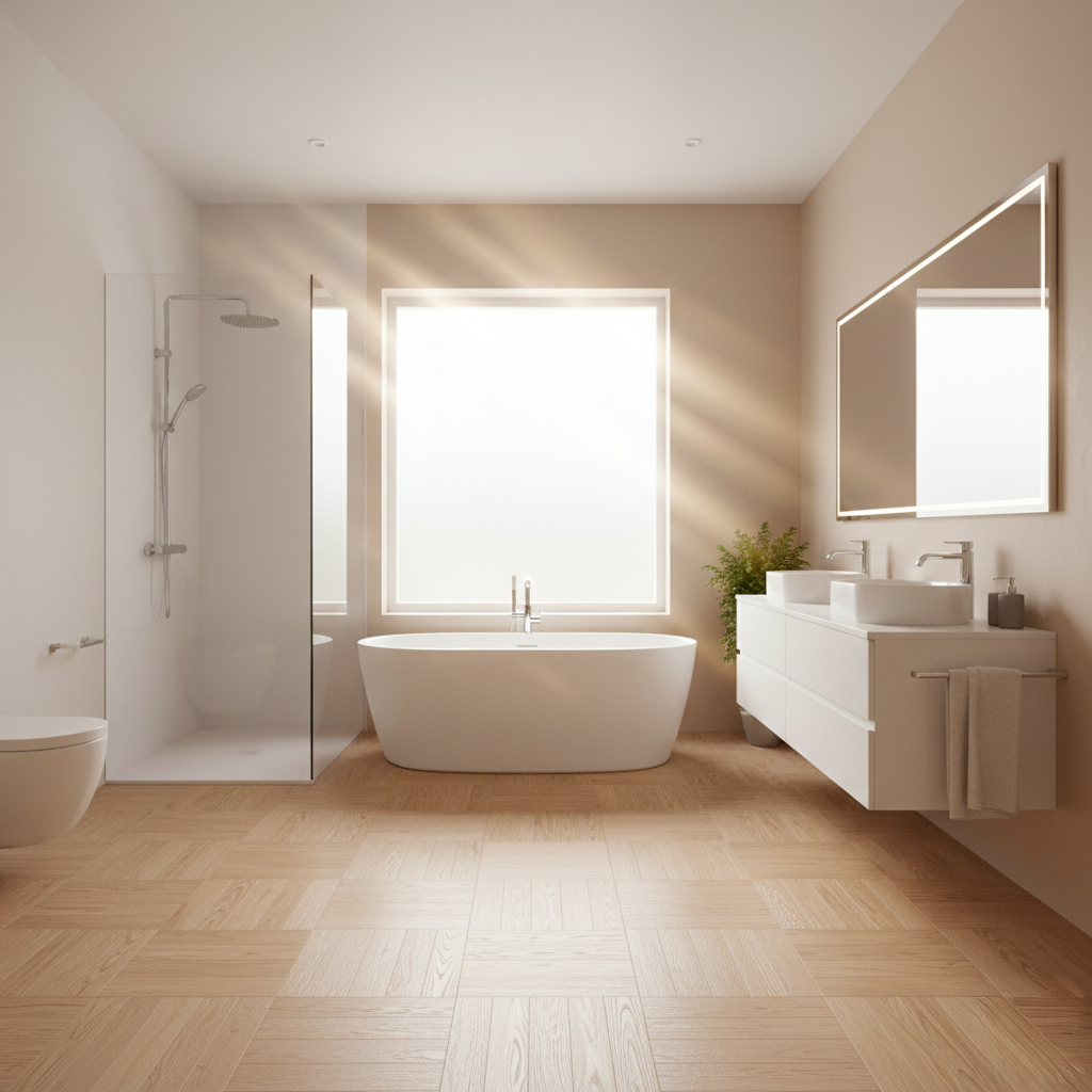 Salle de bain moderne avec parquet stratifié résistant eau élégant Salle de bain moderne avec parquet stratifié résistant eau élégant