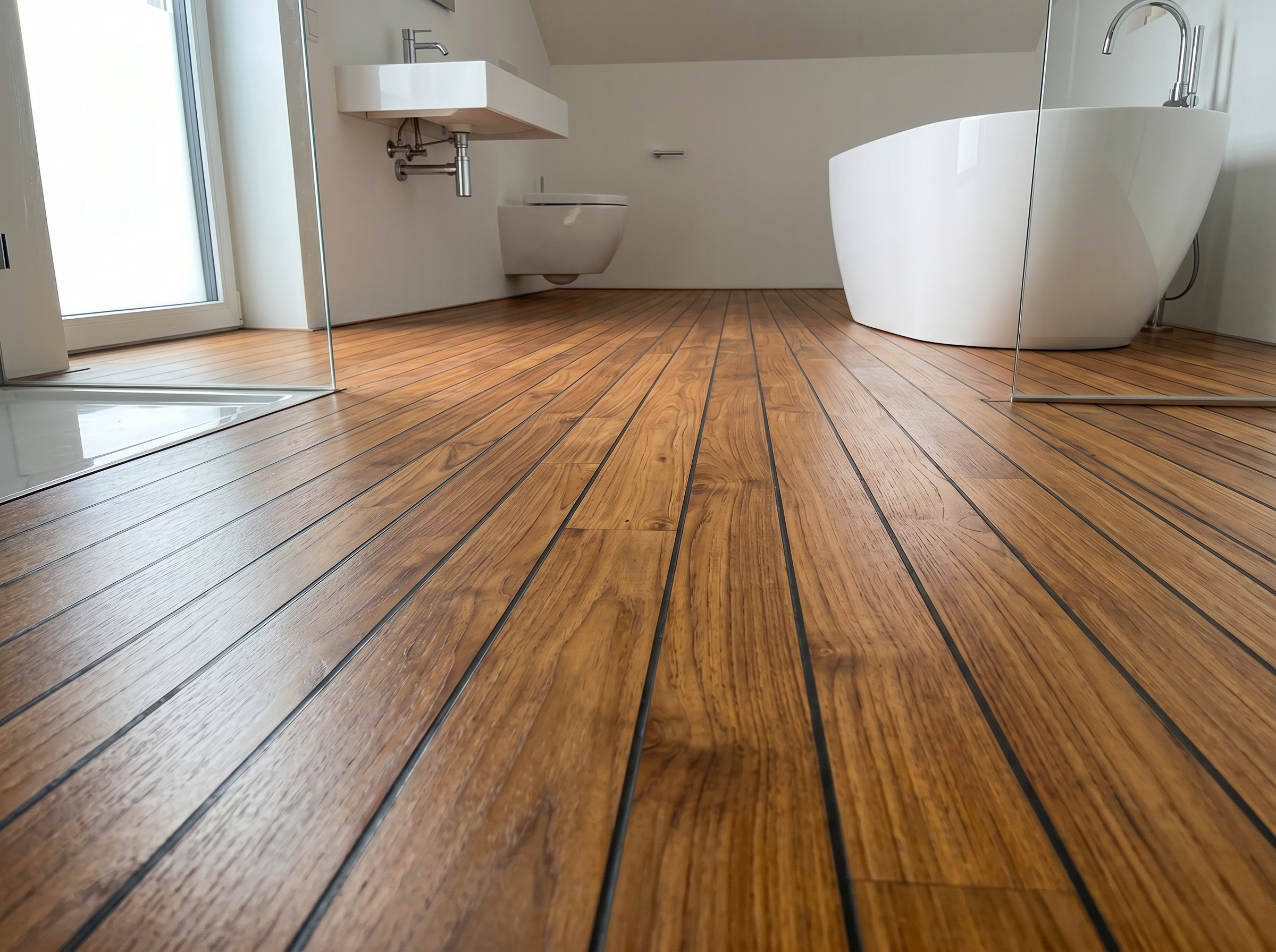 Parquet teck bambou résistant humidité salle de bain moderne revêtement sol aquatique