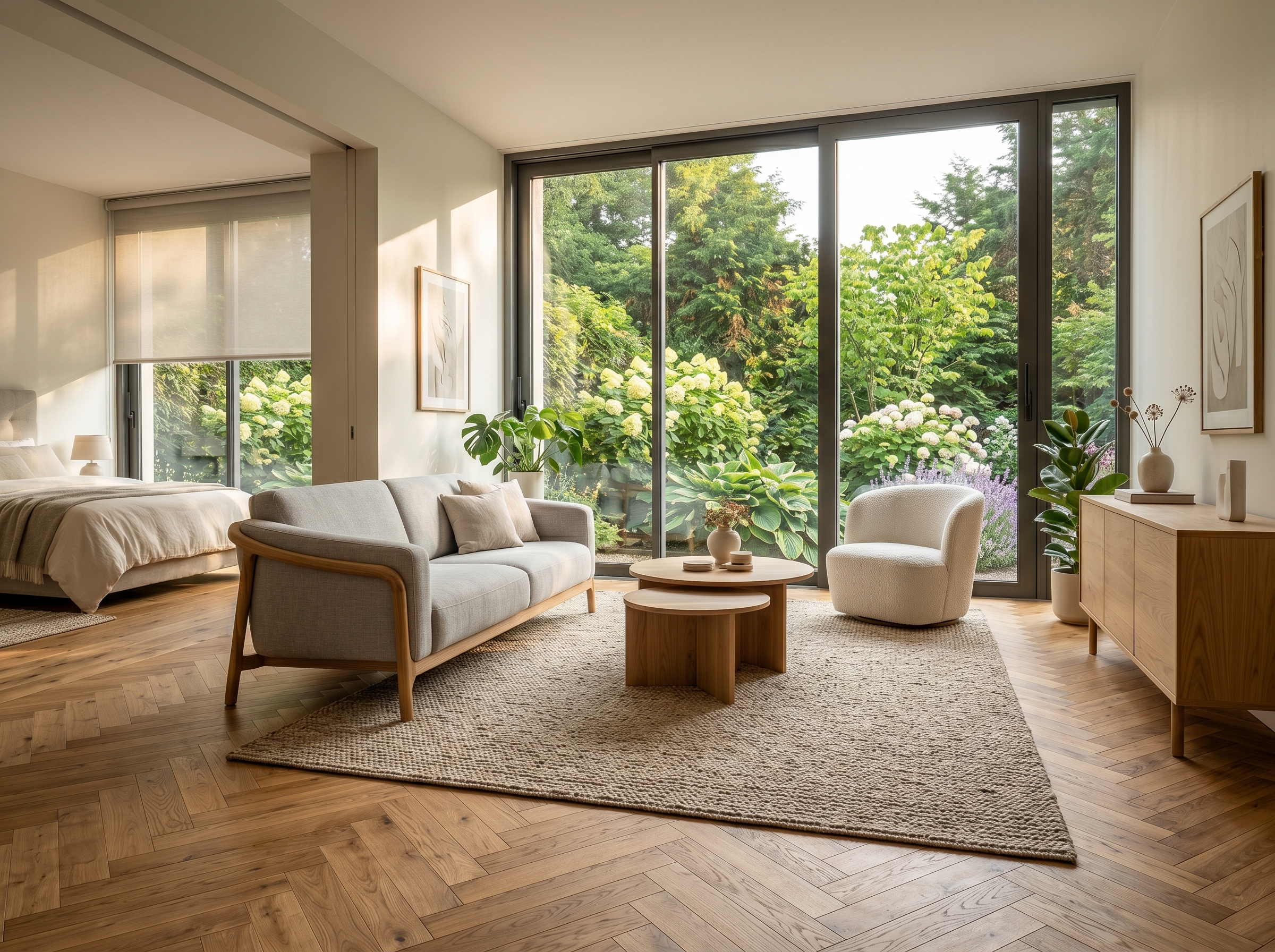 Parquet chêne large lame séjour salon moderne lumineux pose anglaise bois naturel élégant