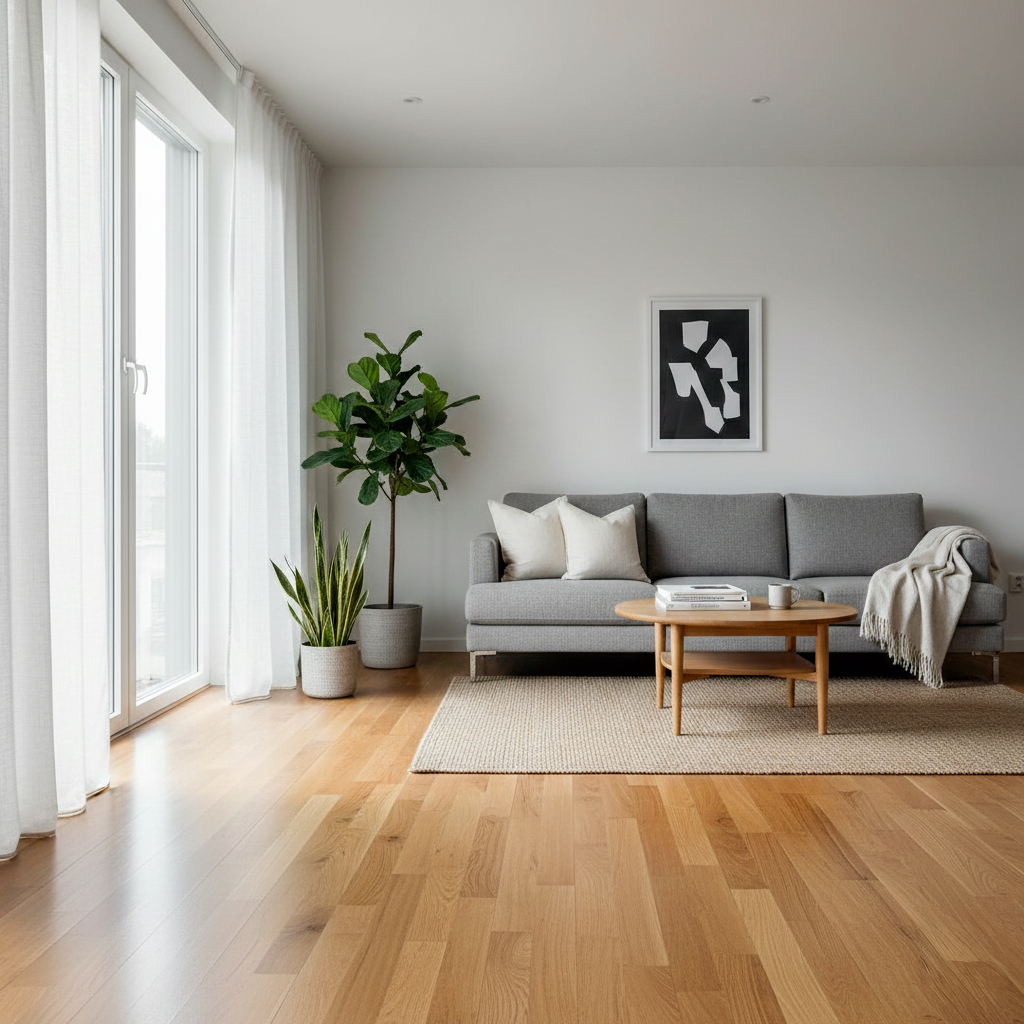 Séjour moderne avec parquet bois noble et décoration contemporaine élégante