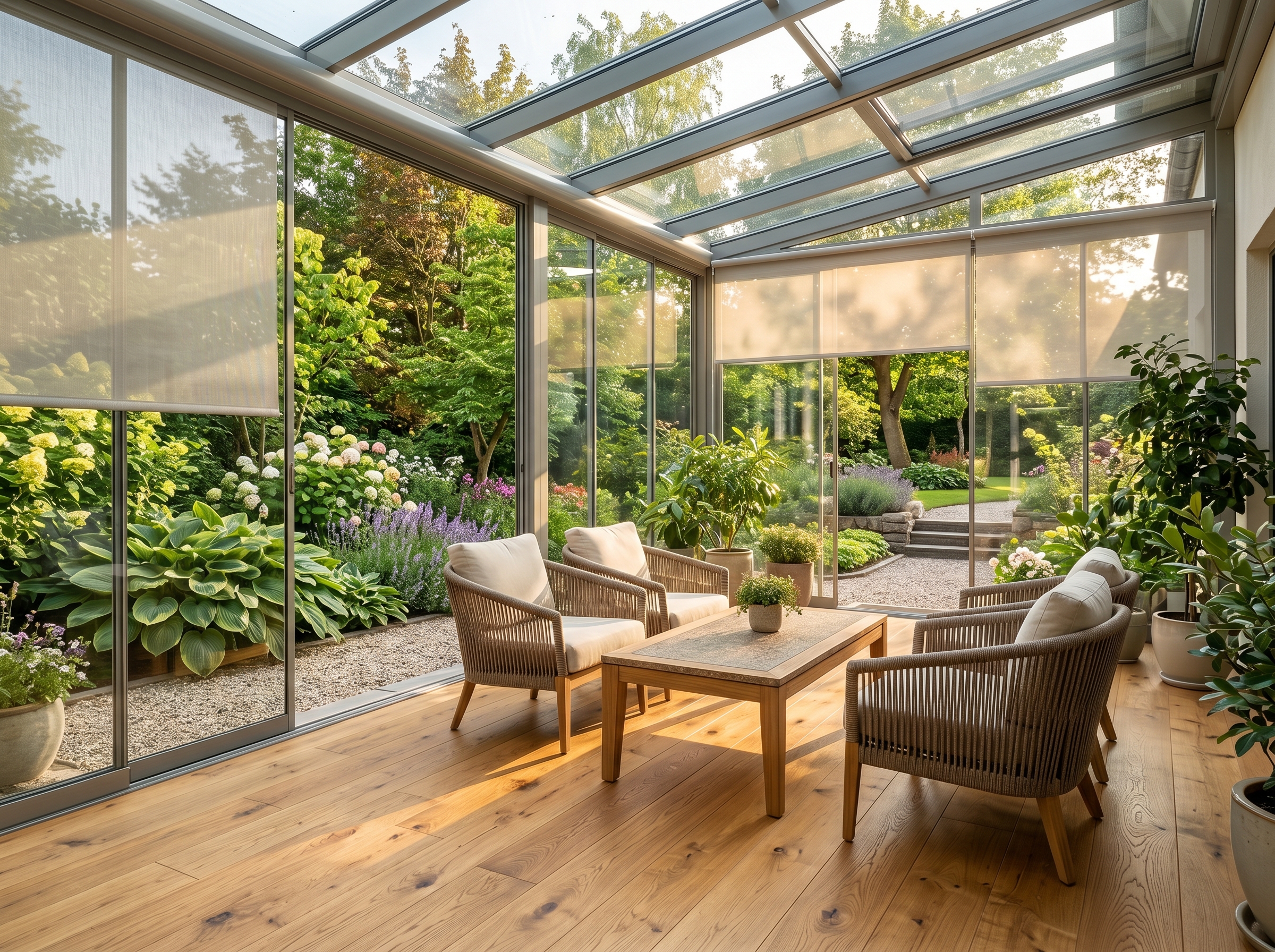 Parquet véranda résistant chaleur UV condensation sol bois extension vitrée maison