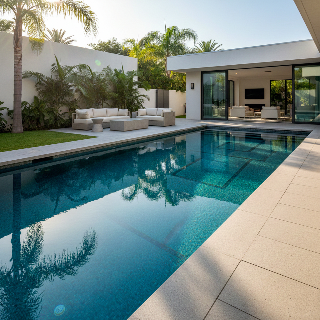 Carrelage piscine - Guide complet Piscine extérieure avec carrelage mosaïque bleue turquoise