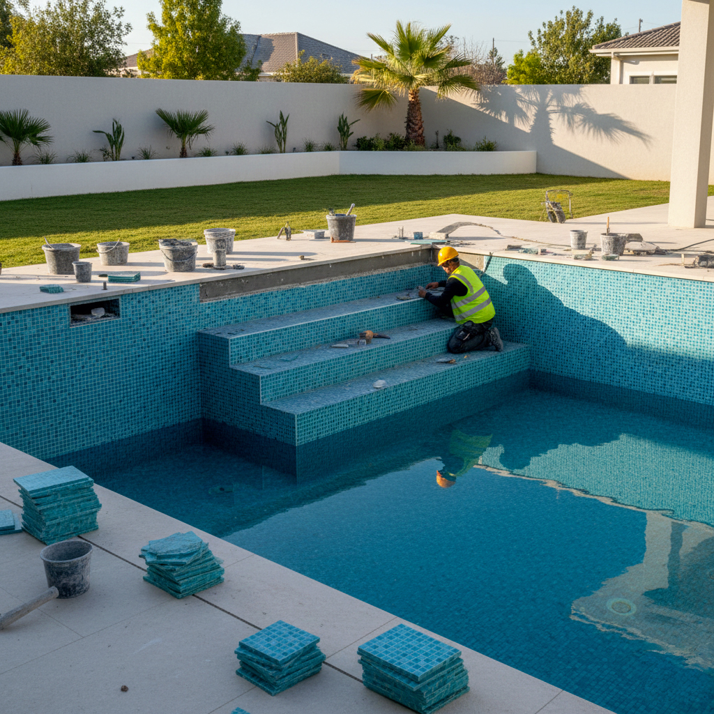 Piscine enterrée moderne avec carrelage nécessitant déclaration fiscale