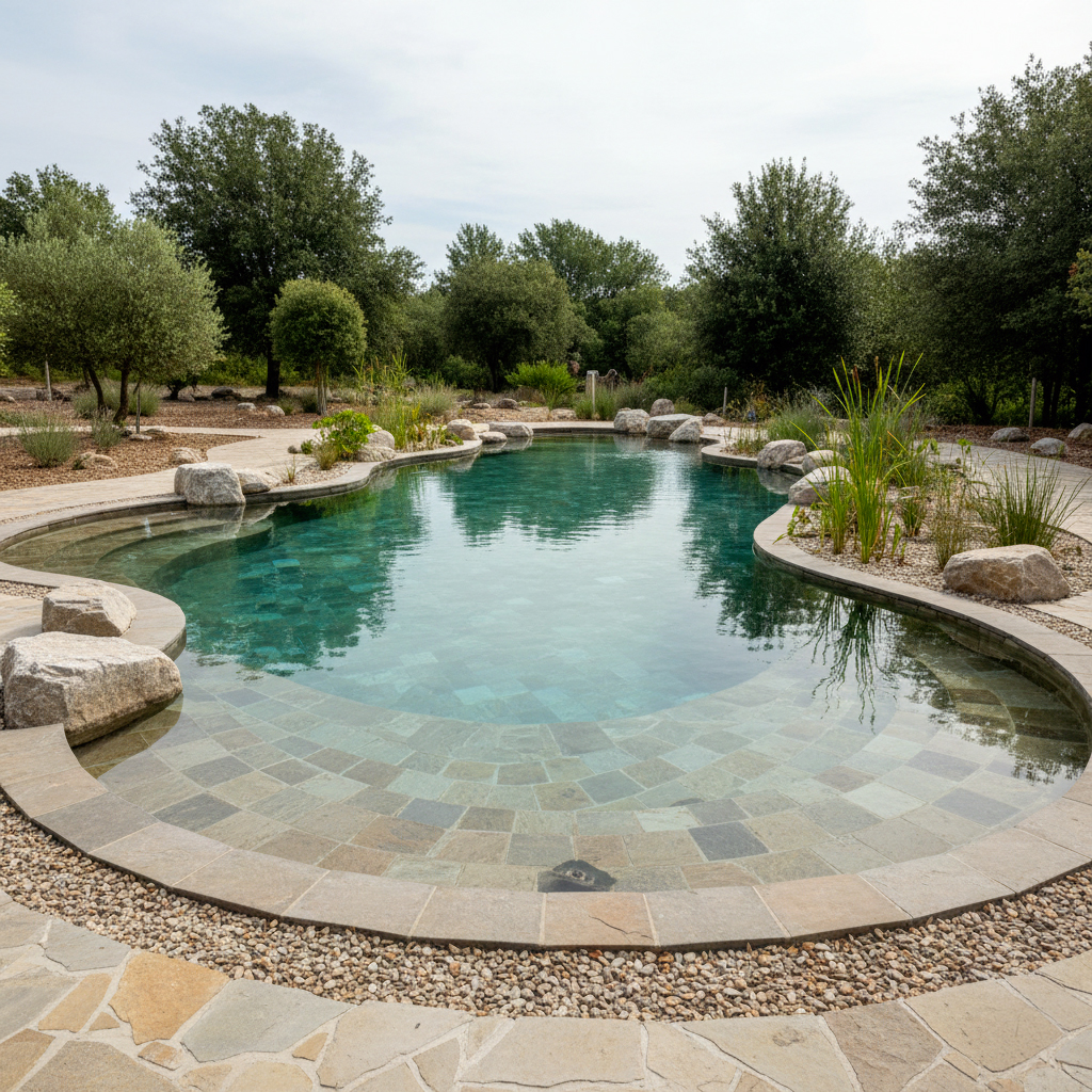 Piscine écologique avec carrelage en grès cérame recyclé effet pierre