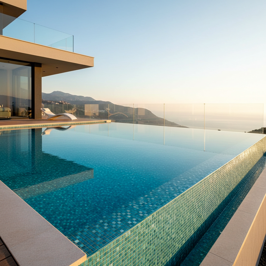 Villa moderne avec piscine à débordement carrelée en mosaïque bleue