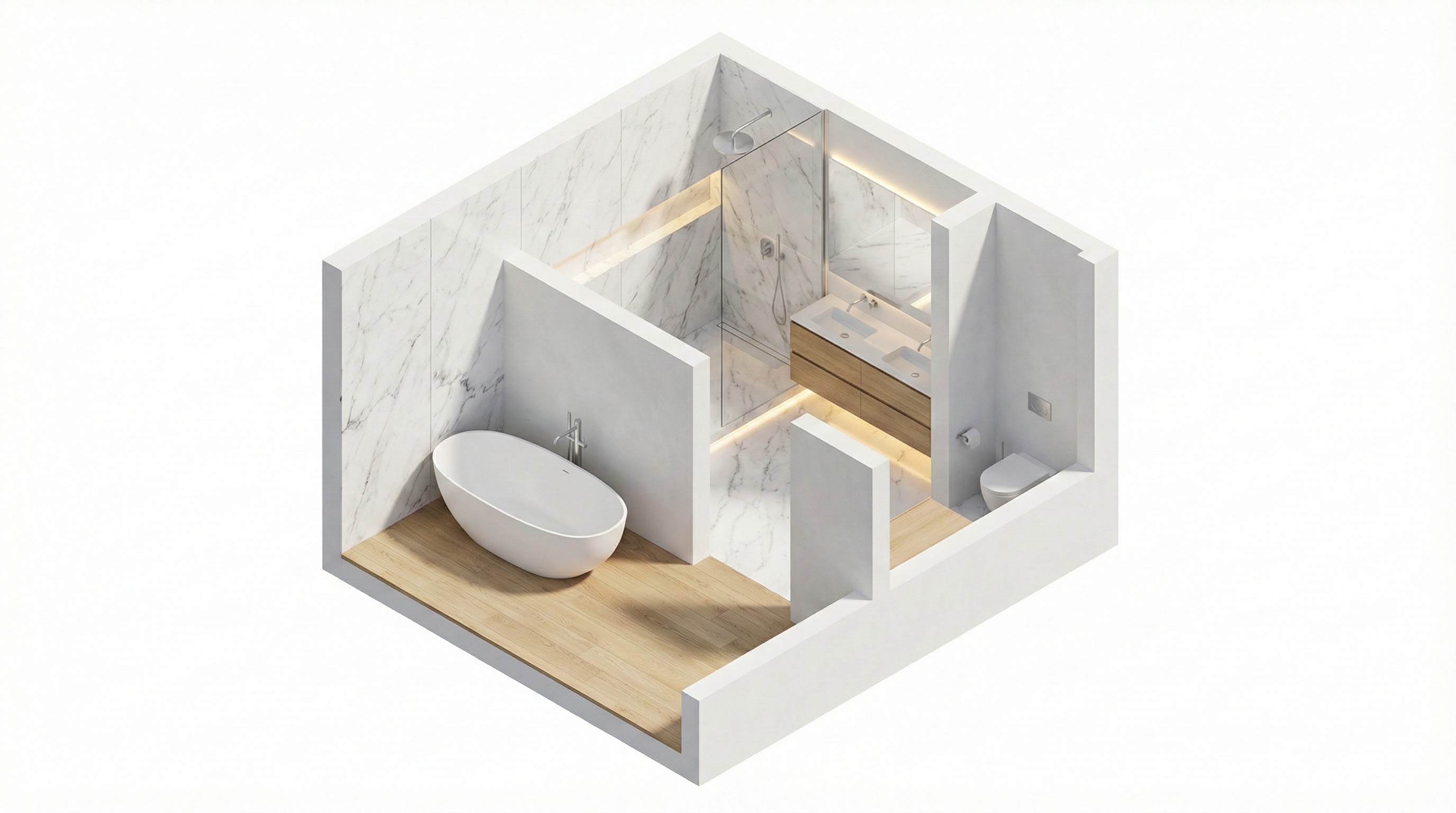 Plan 3D d'une salle de bain avec parquet et marbre
