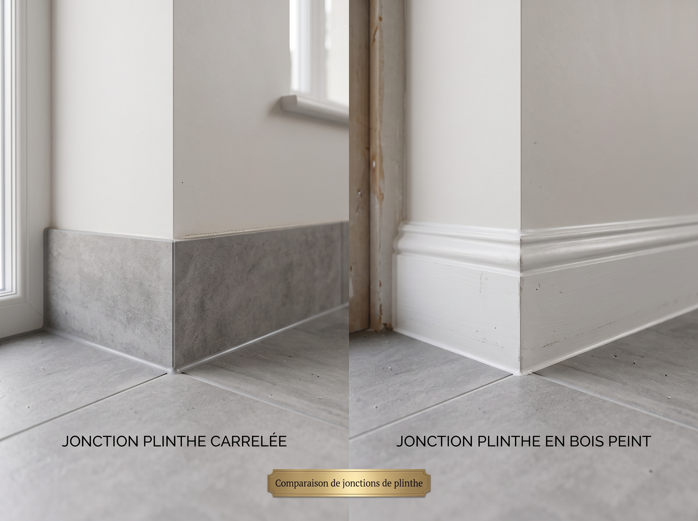 Plinthe carrelage ou plinthe bois Comparaison plinthe carrelage assortie sol et plinthe bois peinte finition intérieure