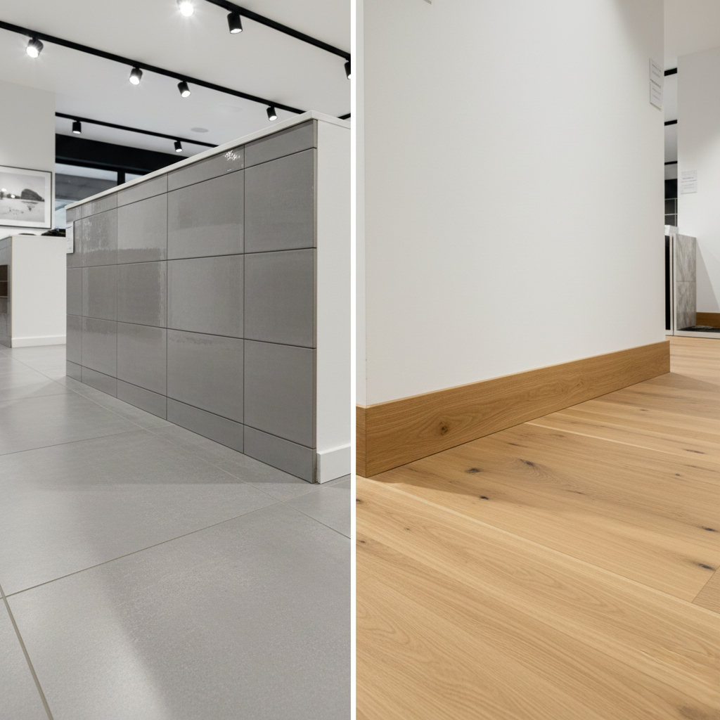 Plinthes carrelage vs bois - Guide complet Comparaison plinthes carrelage et plinthes bois pour finitions sol intérieur moderne