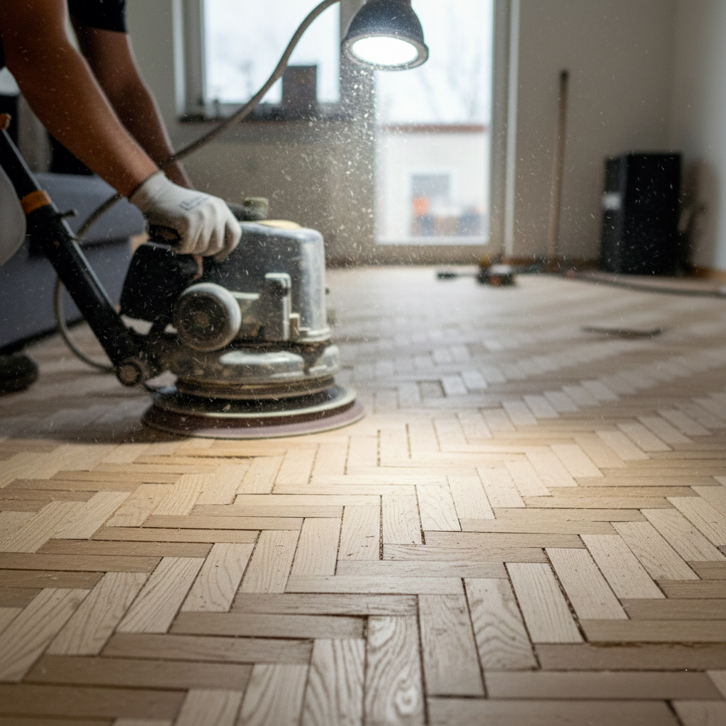 Ponçage professionnel d'un parquet gondolé pour réparation